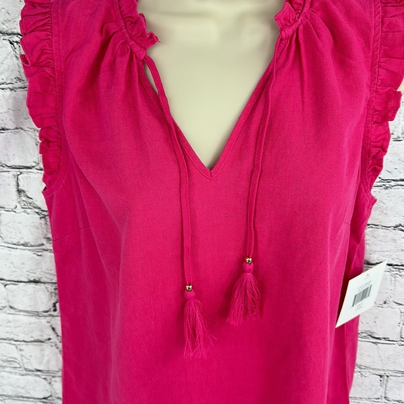 ELLEN TRACY NWT Linen-Blend Ruffle Sleeveless Top w/Tassel SMALL Fuchsia Pink - Picture 4 of 7